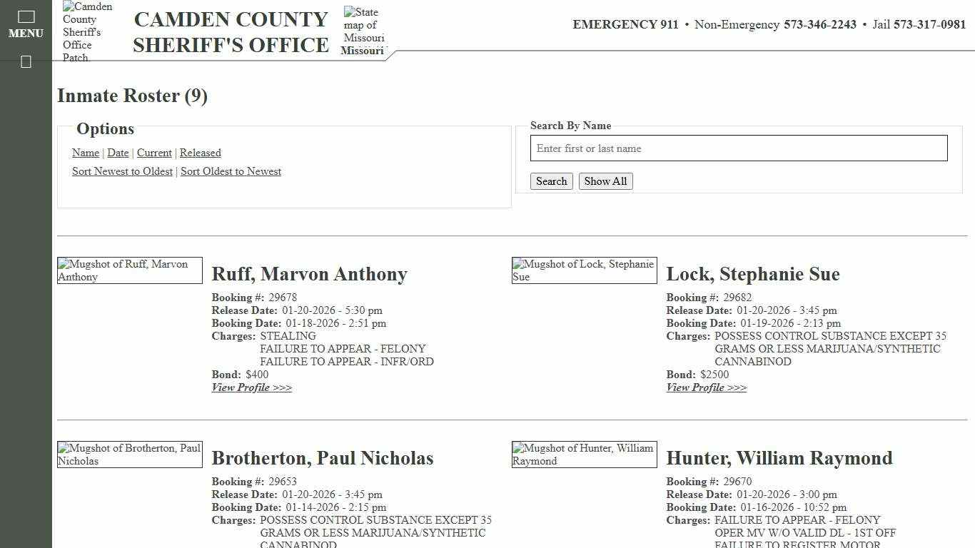 Inmate Roster - Released Inmates Booking Date Descending - Camden County Missouri Sheriff's Office